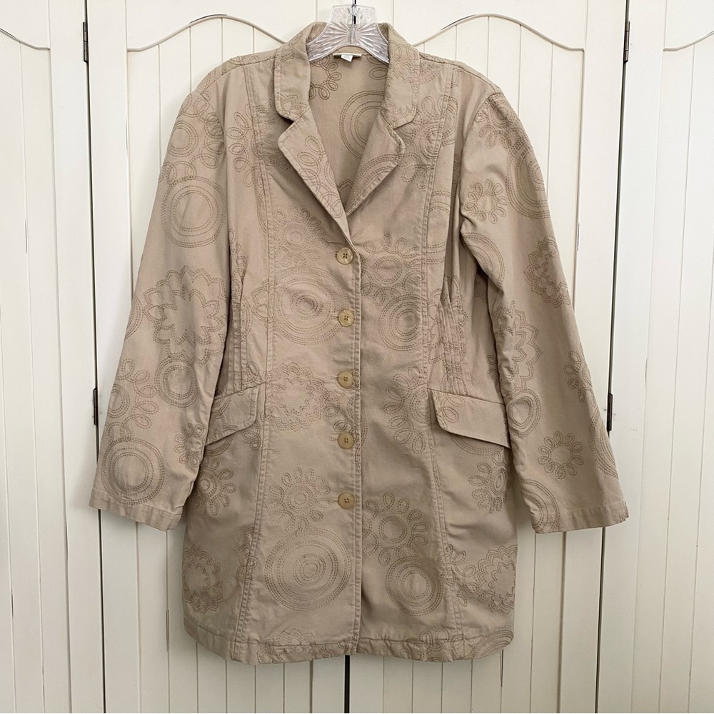 J.Jill Beige Embroidered Twill Trench Coat Pleated Back Button Front Pockets XS